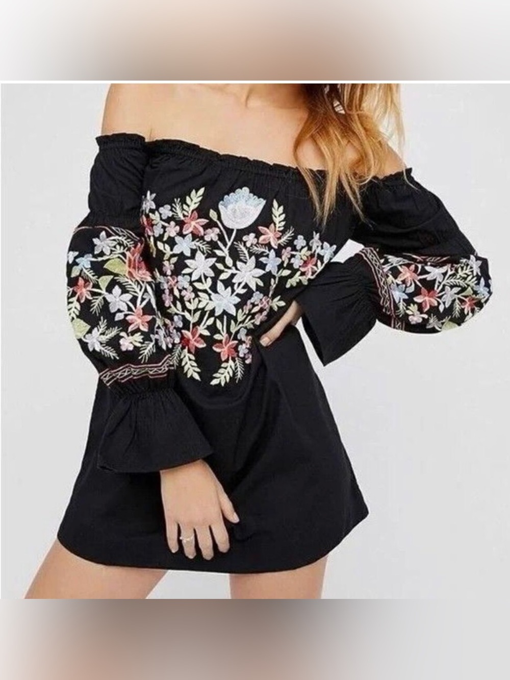 Free People Womens Dress Size M Black Floral Embroidered 3/4 Sleeve Side Pockets - Picture 2 of 10